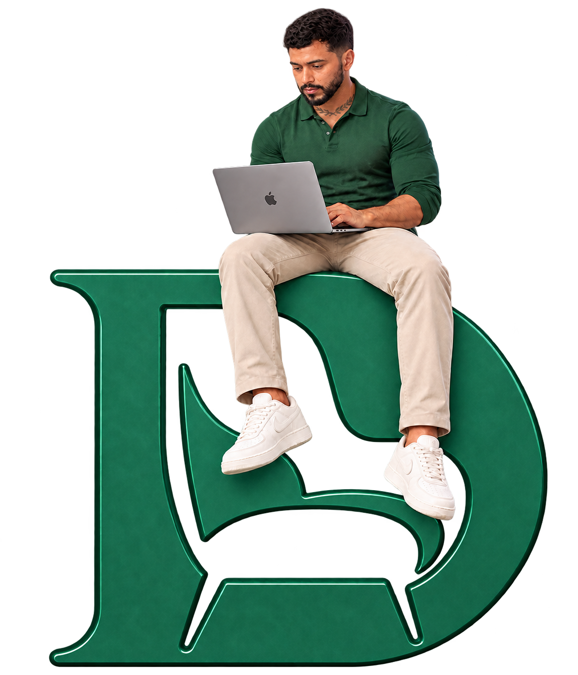 Max sentado no monograma D da Decora Lab, trabalhando em um MacBook