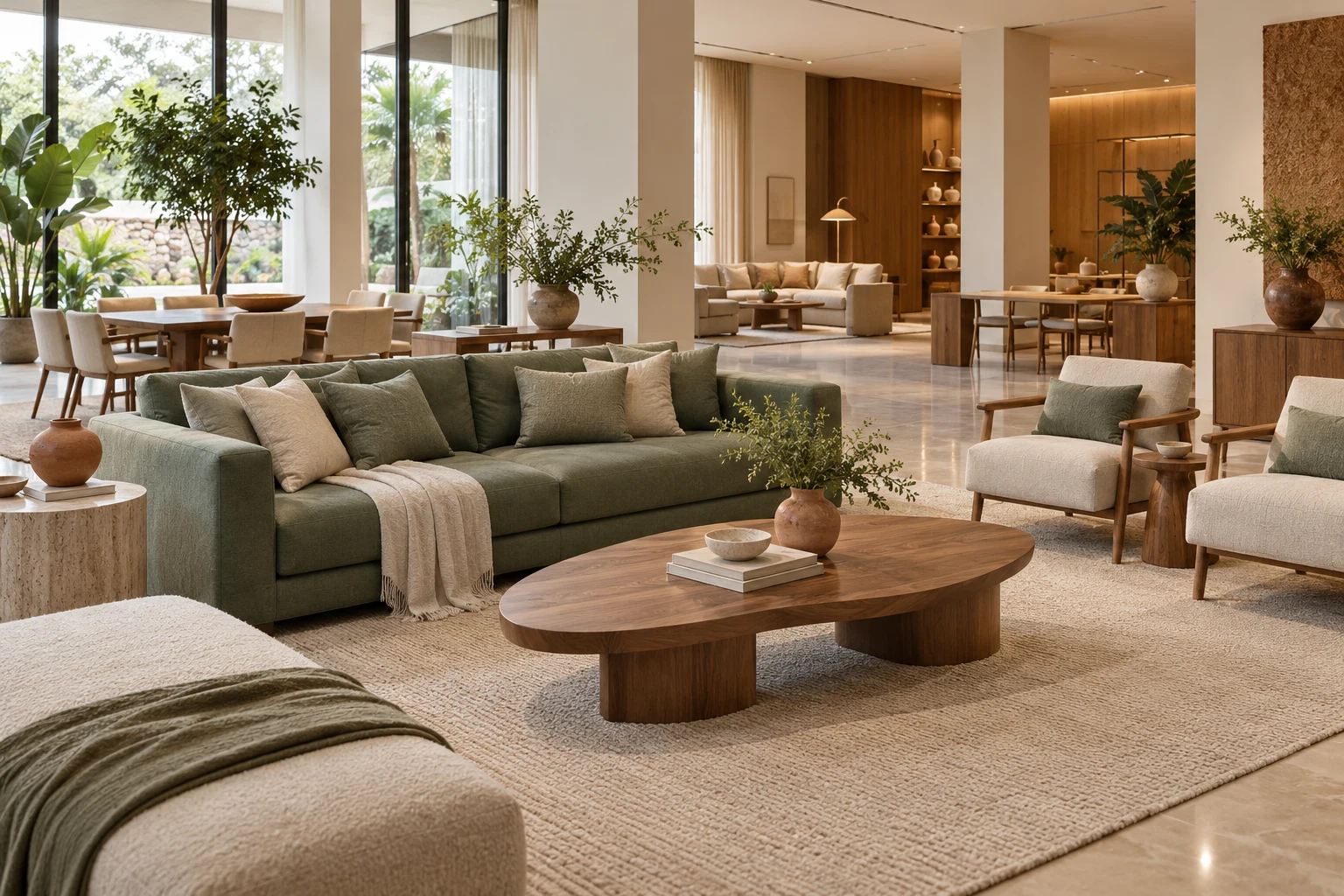 Ambiente ilustrativo com sofá verde, poltronas de linho e mobiliário de madeira